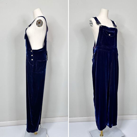 Moda Int’l Silk Velvet Overalls Blue Jumpsuit Small Vtg 90s Whimsigoth Boho Luxe - Picture 6 of 16